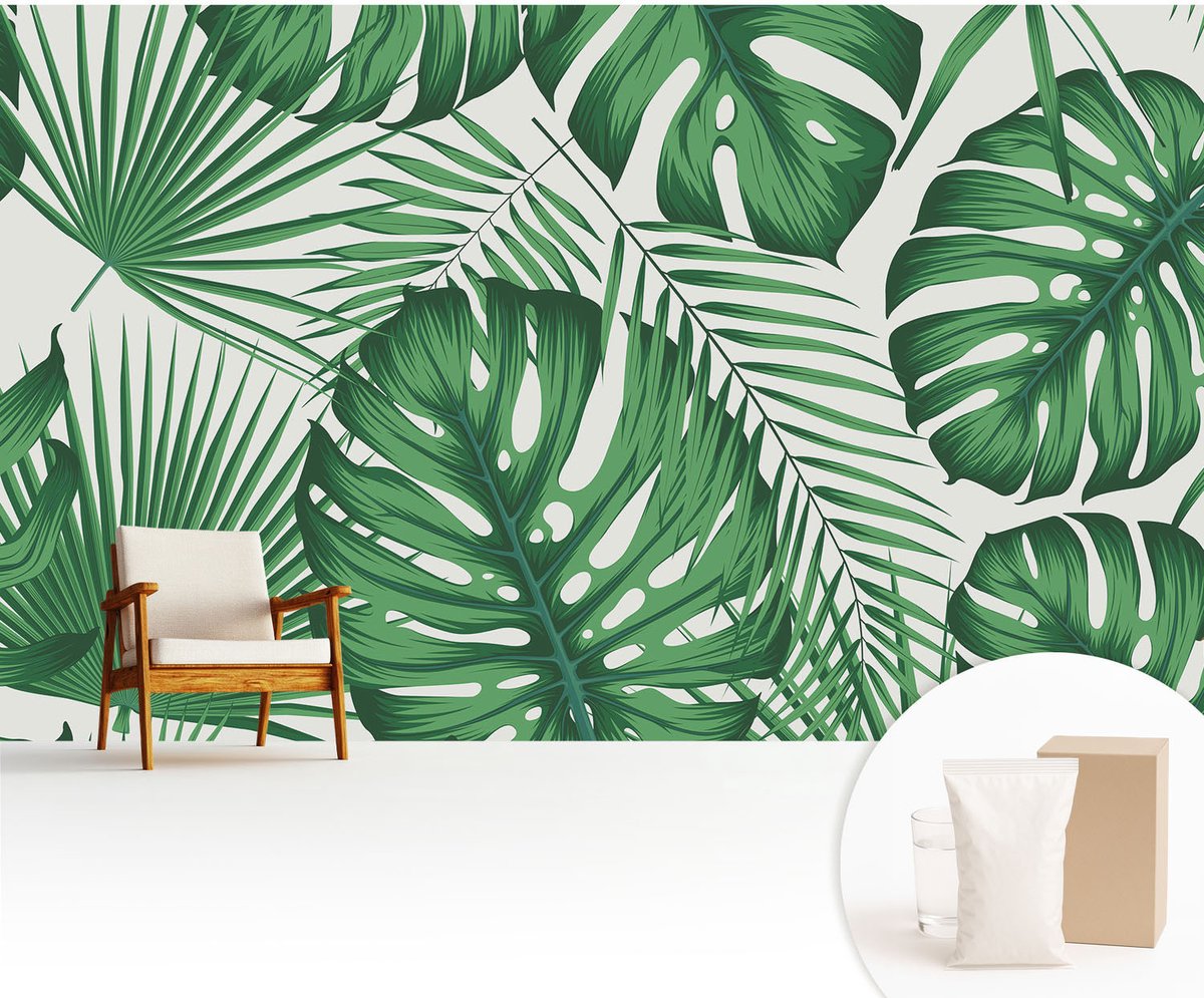 Wallfluent Fotobehang - Groente Vliesbehang - 416x254 cm - Tropische Bladeren Muurschildering - Gang behang Bloemen En Planten - Fotobehang Vlies - Slaapkamer behang