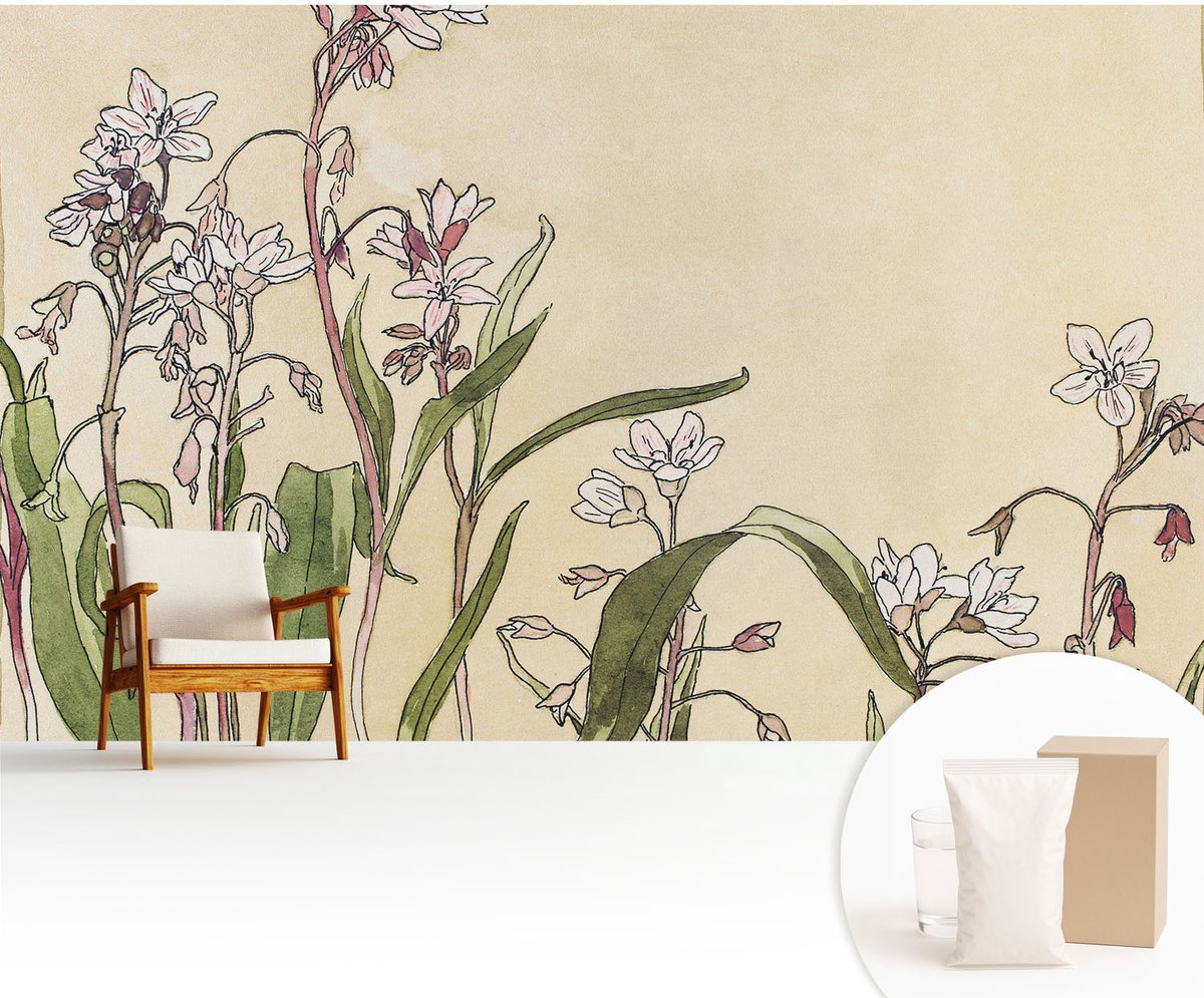 Wallfluent Fotobehang - Wit Vliesbehang - 416x254 cm - Bloemige Elegantie Muurschildering - Slaapkamer behang Bloemen En Planten - Fotobehang Vlies - Slaapkamer behang