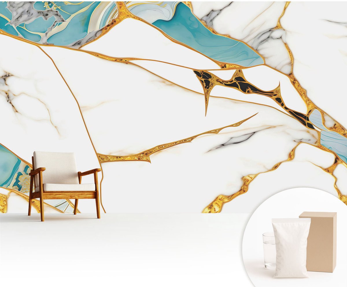 Wallfluent Fotobehang - Wit Vliesbehang - 416x254 cm - De Elegantie Van Marmer Fotobehang Vlies - Woonkamer behang Abstractie - Muurschildering - Woonkamer behang