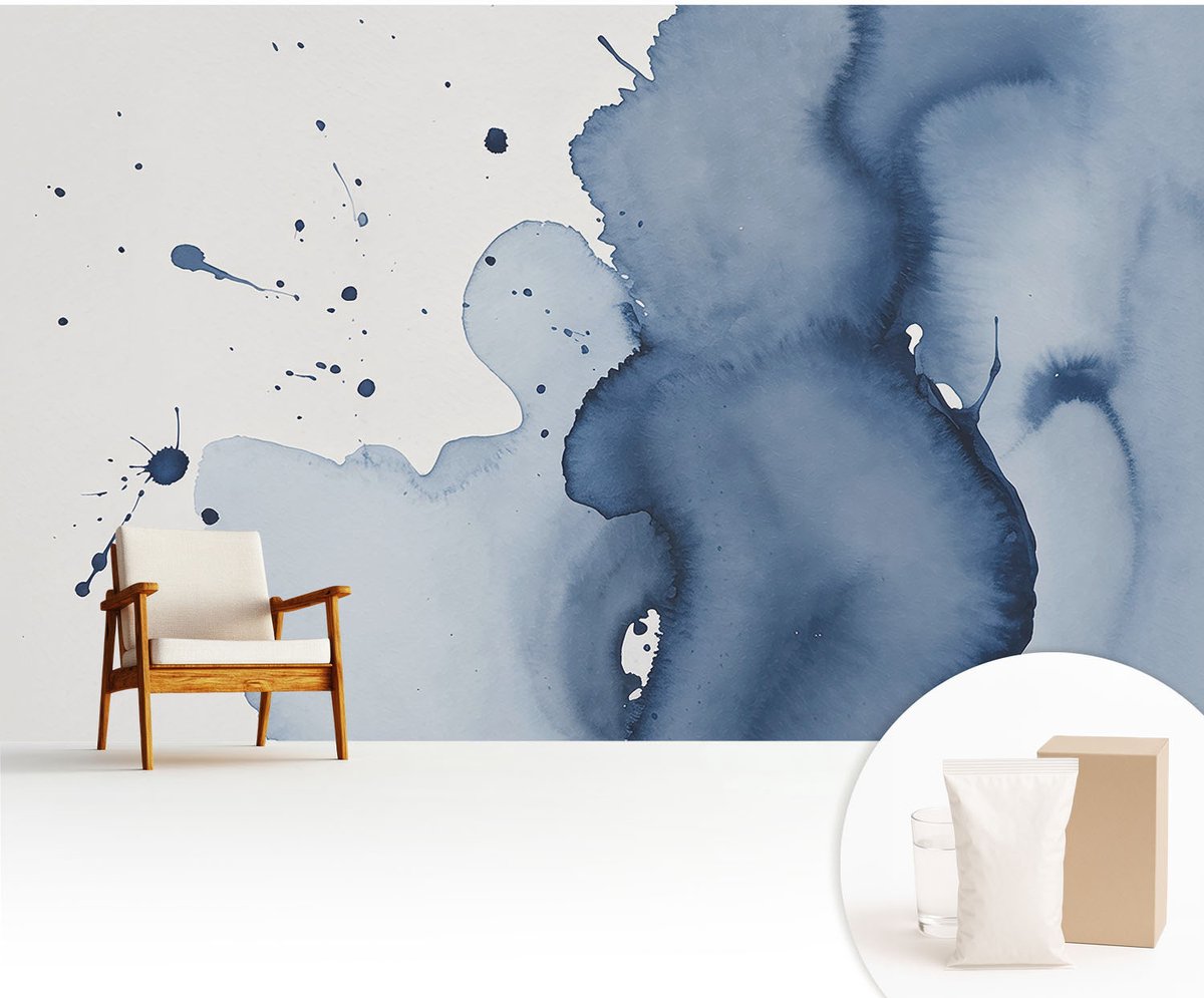 Wallfluent Fotobehang - Wit Vliesbehang - 416x254 cm - Marineblauwe Spetters Muurschildering - Gang behang Abstractie - Fotobehang Vlies - Slaapkamer behang