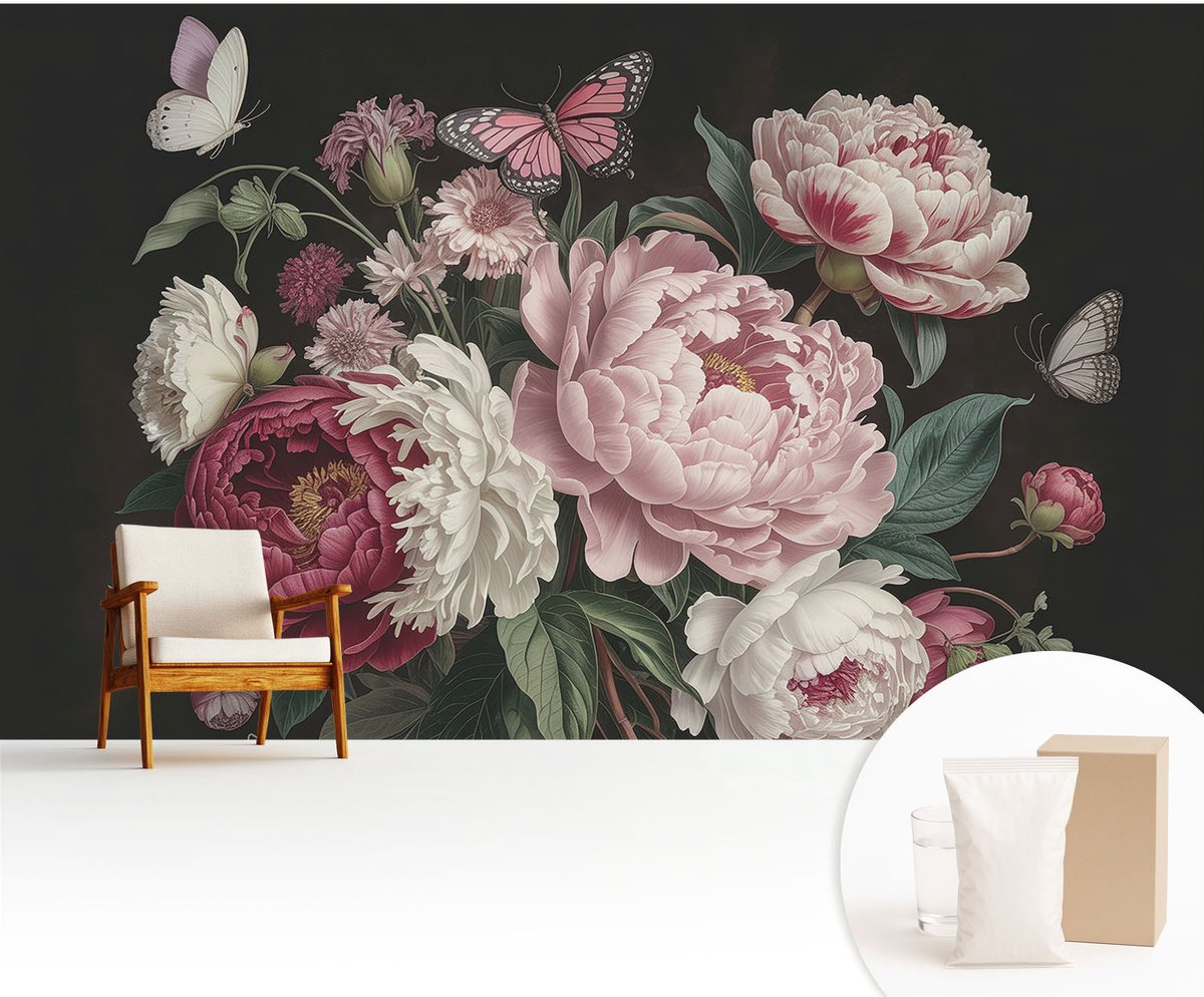 Wallfluent Fotobehang - Zwart Vliesbehang - 416x254 cm - Pioenrozen En Vlinders Muurschildering - Slaapkamer behang Bloemen En Planten - Fotobehang Vlies - Slaapkamer behang