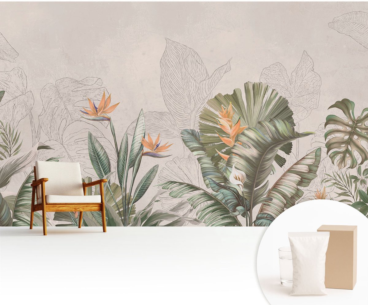 Wallfluent Fotobehang - Beige Vliesbehang - 416x254 cm - Tropische Bloemen Muurschildering - Slaapkamer behang Bloemen En Planten - Fotobehang Vlies - Slaapkamer behang