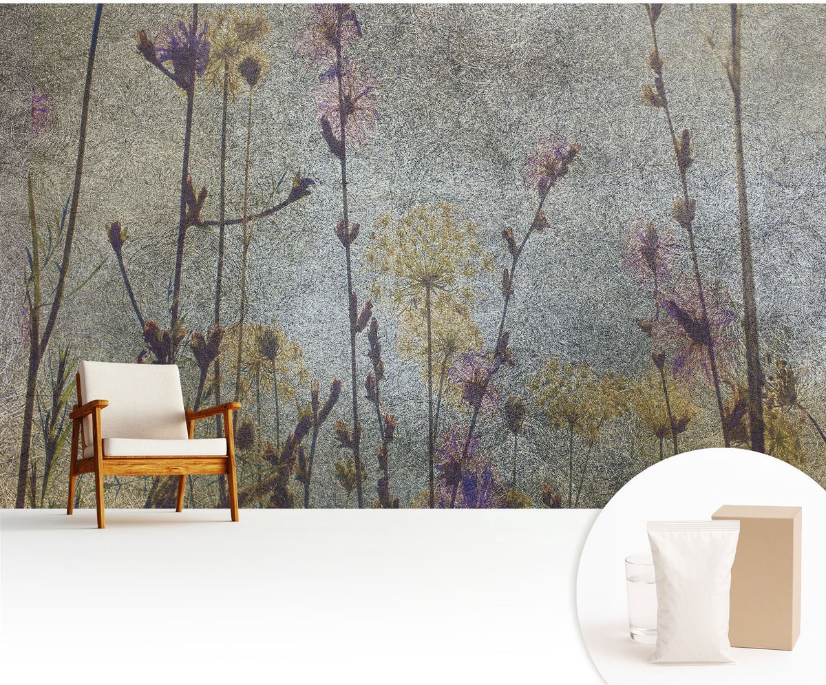 Wallfluent Fotobehang - Grijs Vliesbehang - 416x254 cm - Wilde Bloemen Muurschildering - Gang behang Bloemen En Planten - Fotobehang Vlies - Gang behang