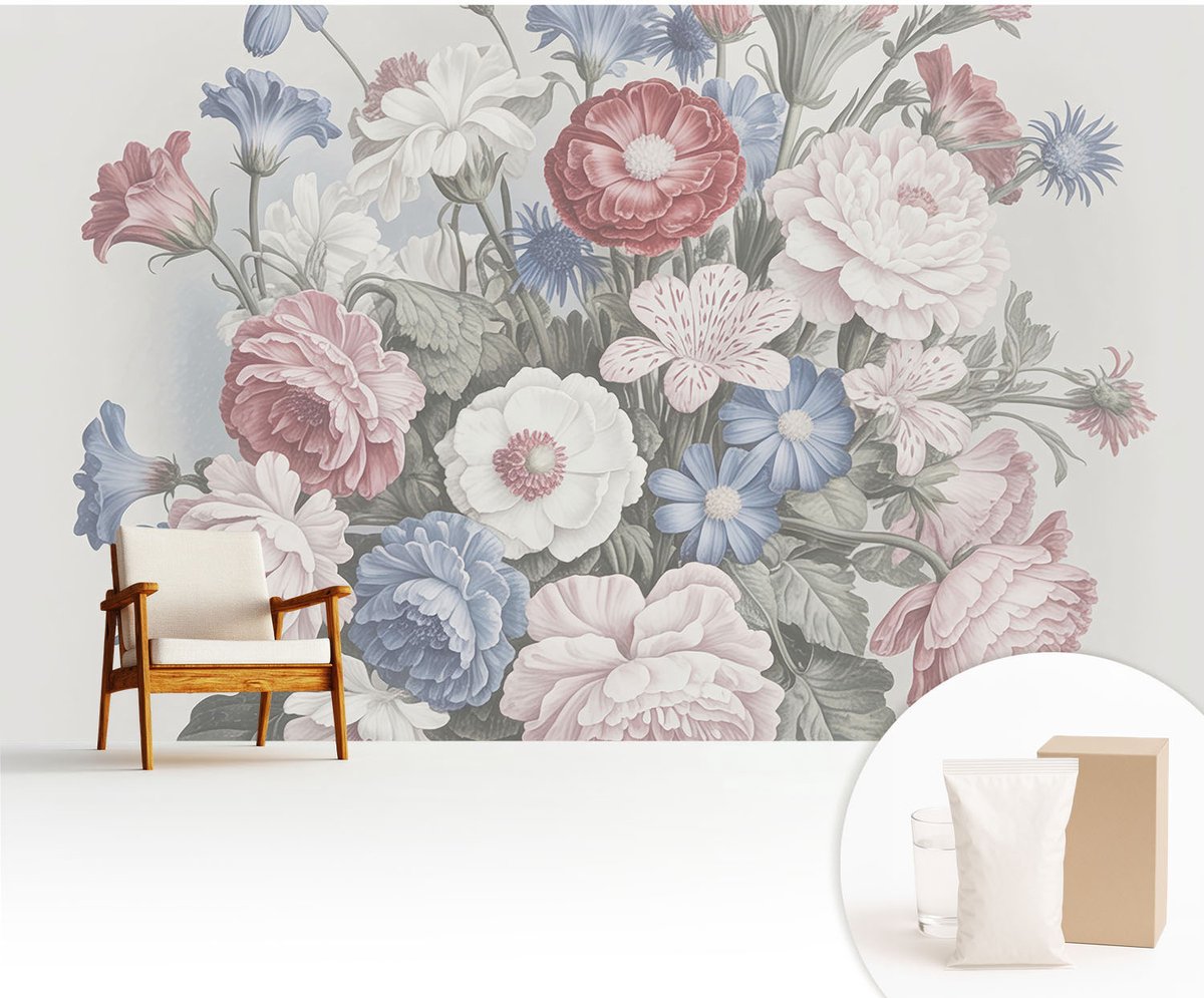 Wallfluent Fotobehang - Wit Vliesbehang - 416x254 cm - Kleurrijk Boeket Muurschildering - Slaapkamer behang Bloemen En Planten - Fotobehang Vlies - Slaapkamer behang