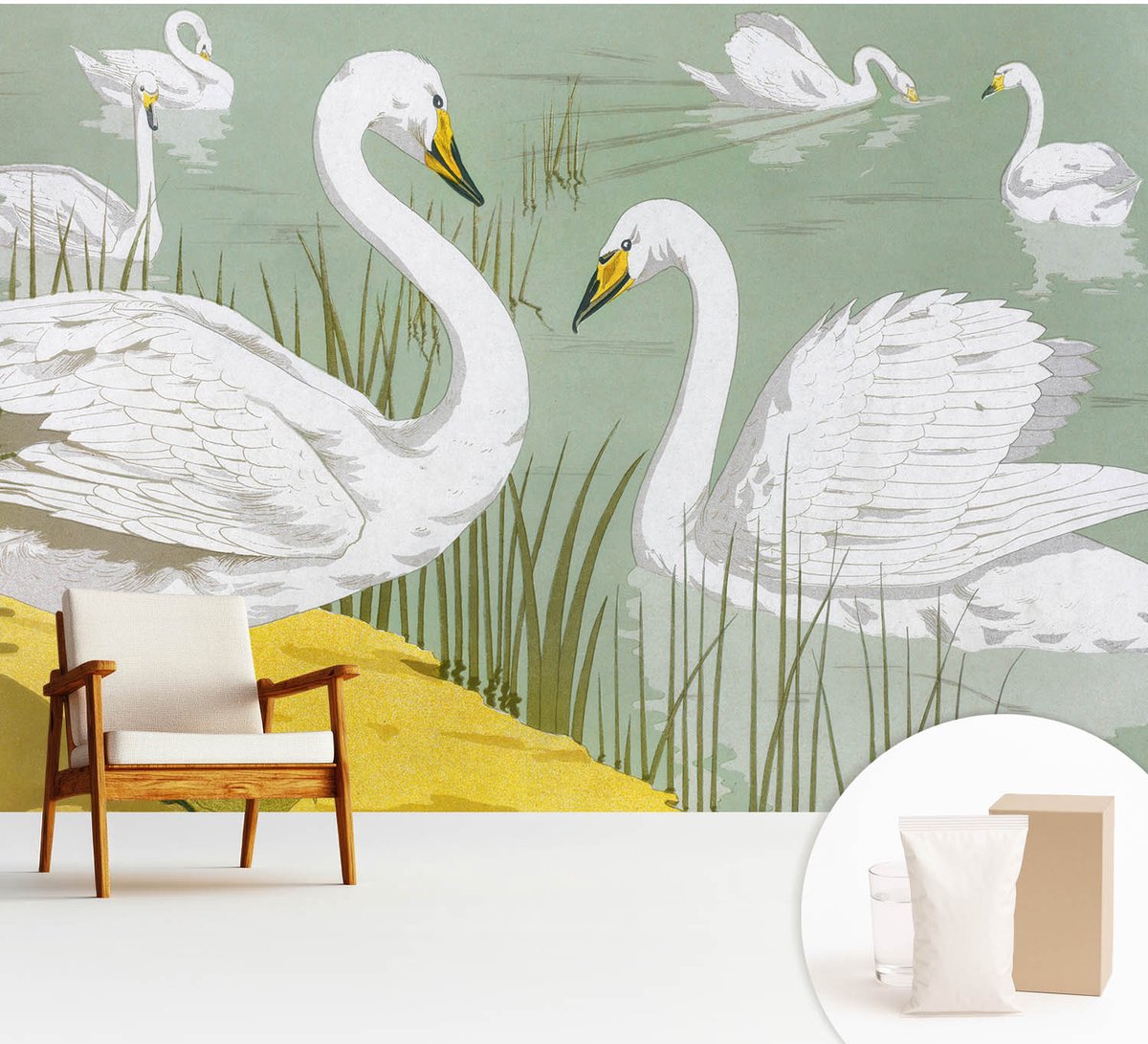 Wallfluent Fotobehang - Wit Vliesbehang - 312x219 cm - Zwanenmeer Muurschildering - Slaapkamer behang Dieren - Fotobehang Vlies - Slaapkamer behang
