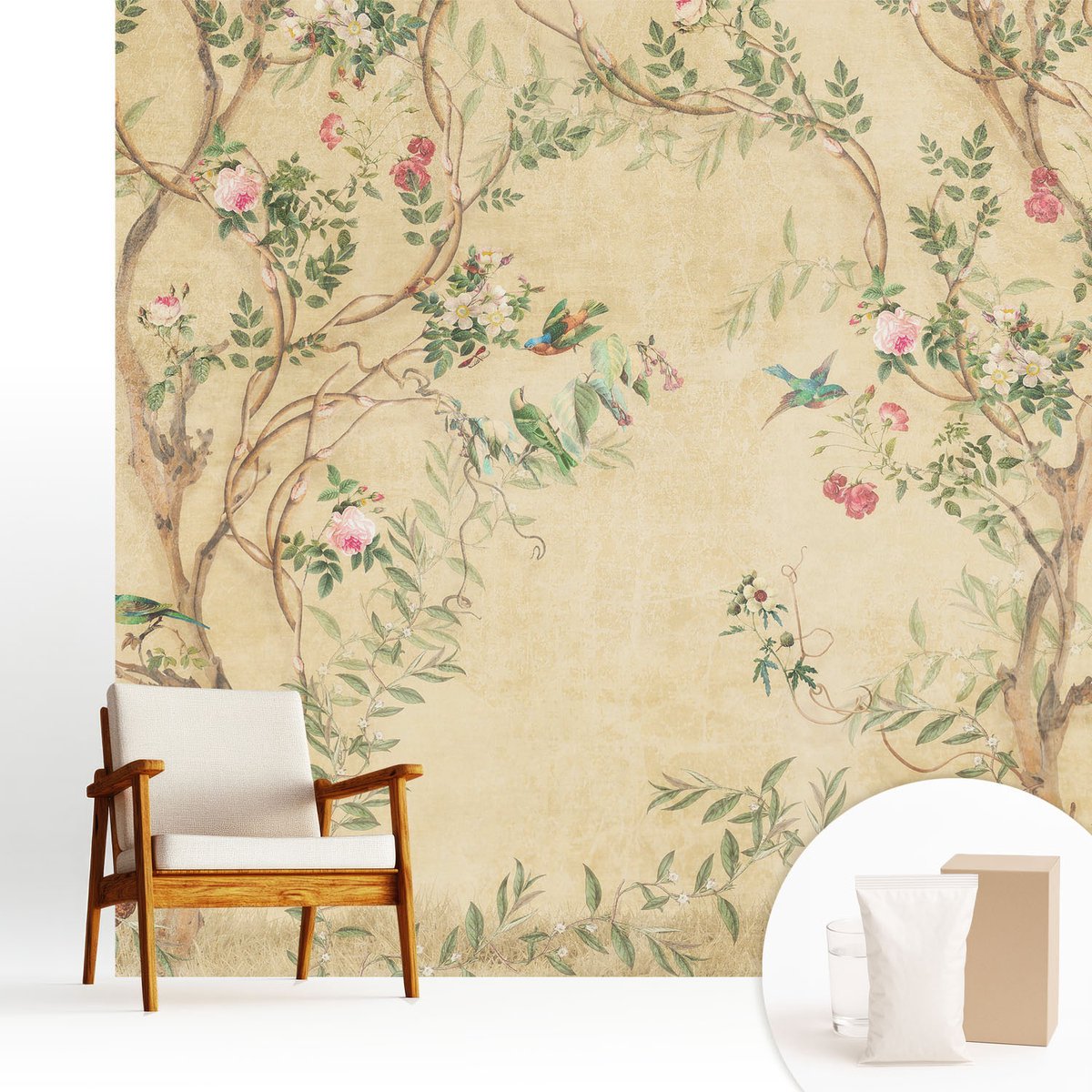 Wallfluent Fotobehang - Beige Vliesbehang - 250x250 cm - Bloemaccenten Muurschildering - Slaapkamer behang Bloemen En Planten - Fotobehang Vlies - Gang behang