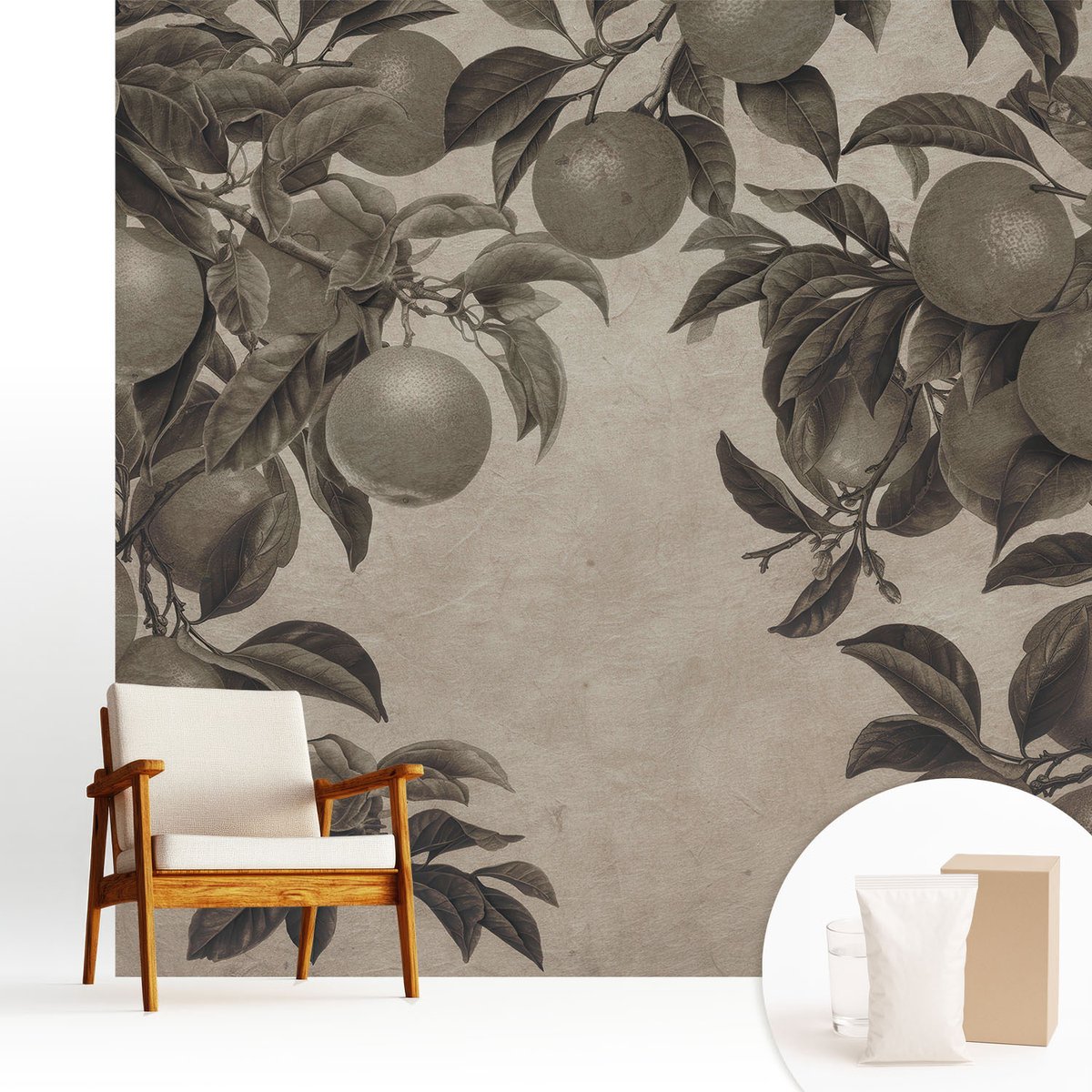 Wallfluent Fotobehang - Grijs Vliesbehang - 250x250 cm - Vruchtpatroon Muurschildering - Gang behang Bloemen En Planten - Fotobehang Vlies - Gang behang