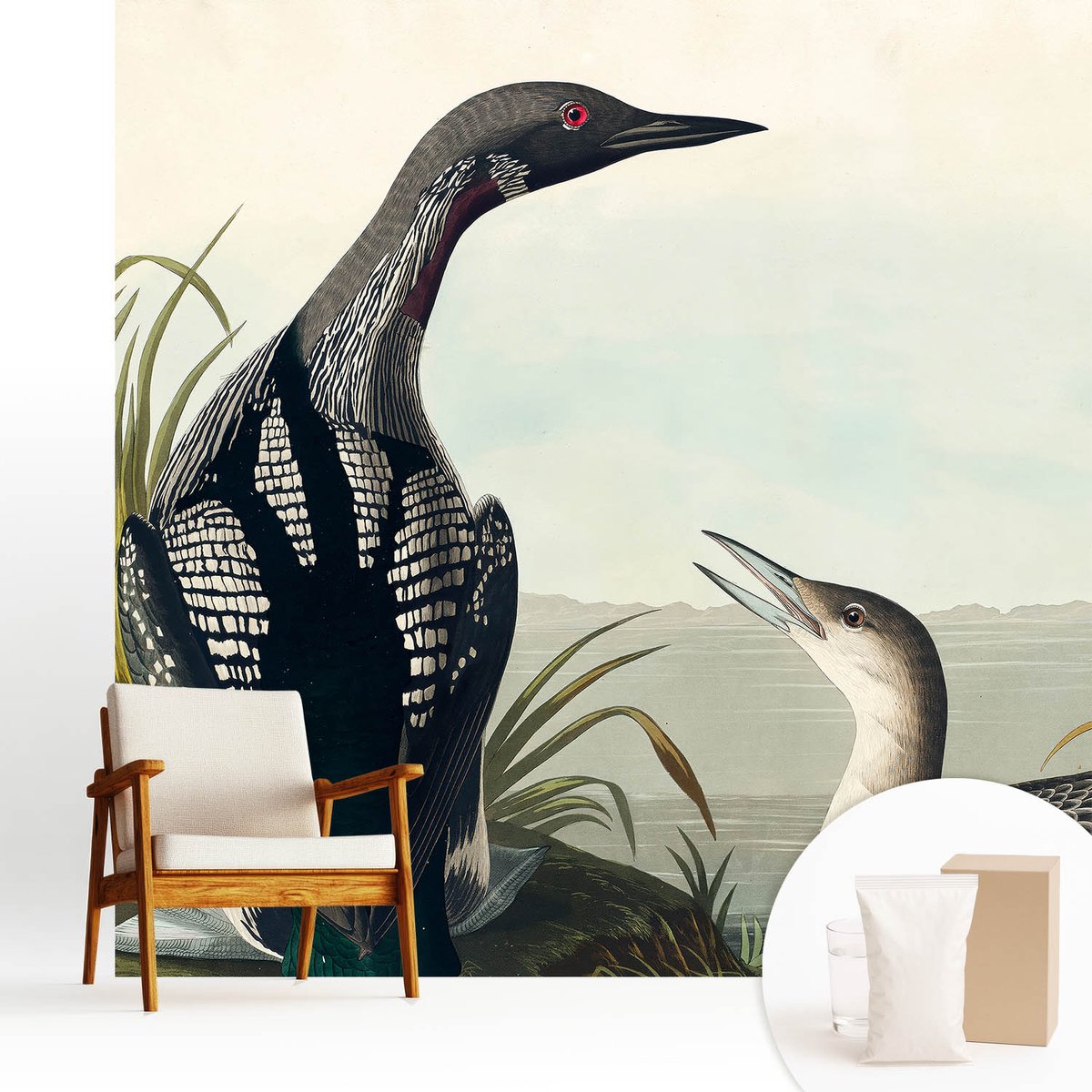 Wallfluent Fotobehang - Zwart Vliesbehang - 250x250 cm - Vogels Boven Het Water Fotobehang Vlies - Hal behang Dieren - Muurschildering - Woonkamer behang
