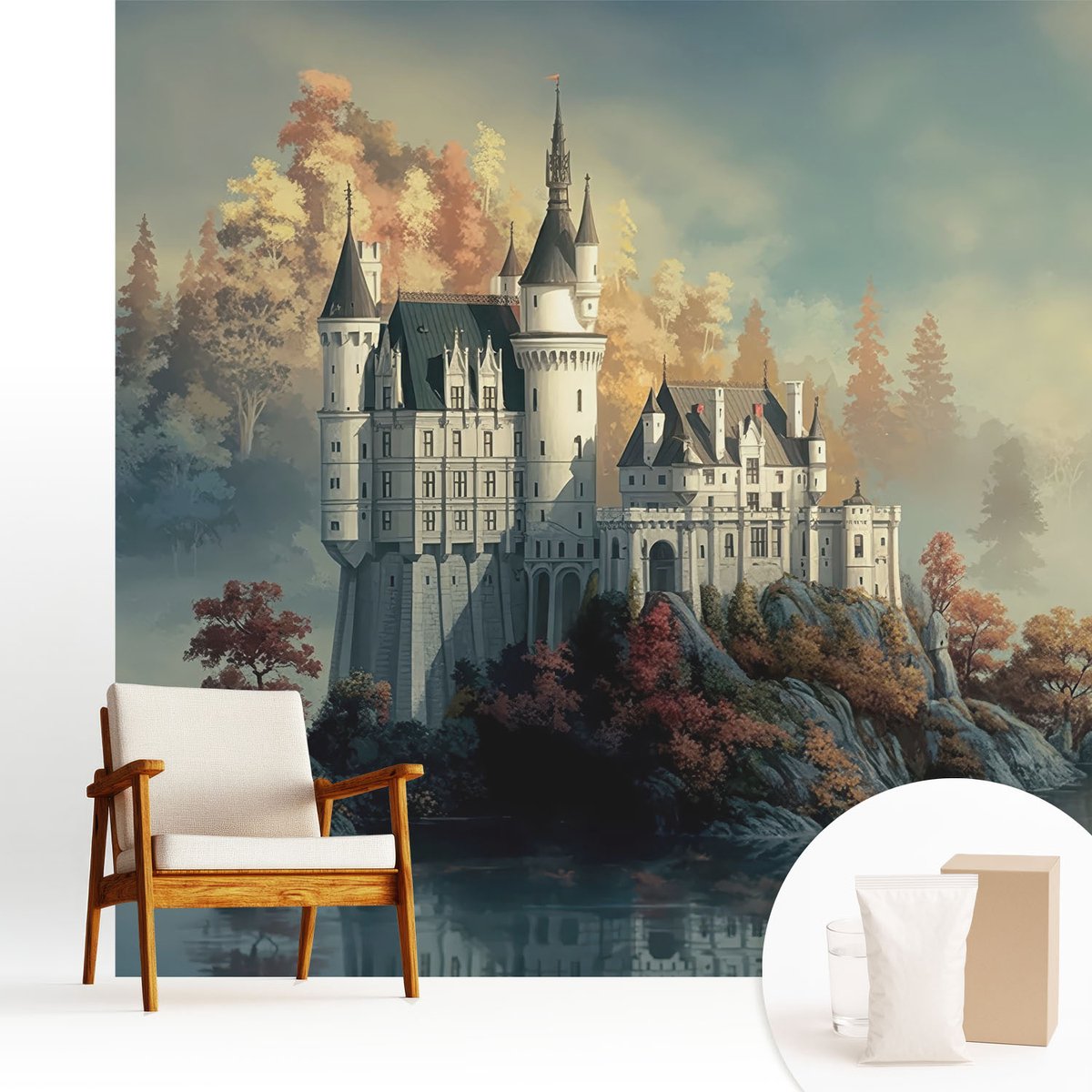 Wallfluent Fotobehang - Blauw Vliesbehang - 250x250 cm - Sprookjeskasteel Muurschildering - Slaapkamer behang Architectuur - Fotobehang Vlies - Gang behang