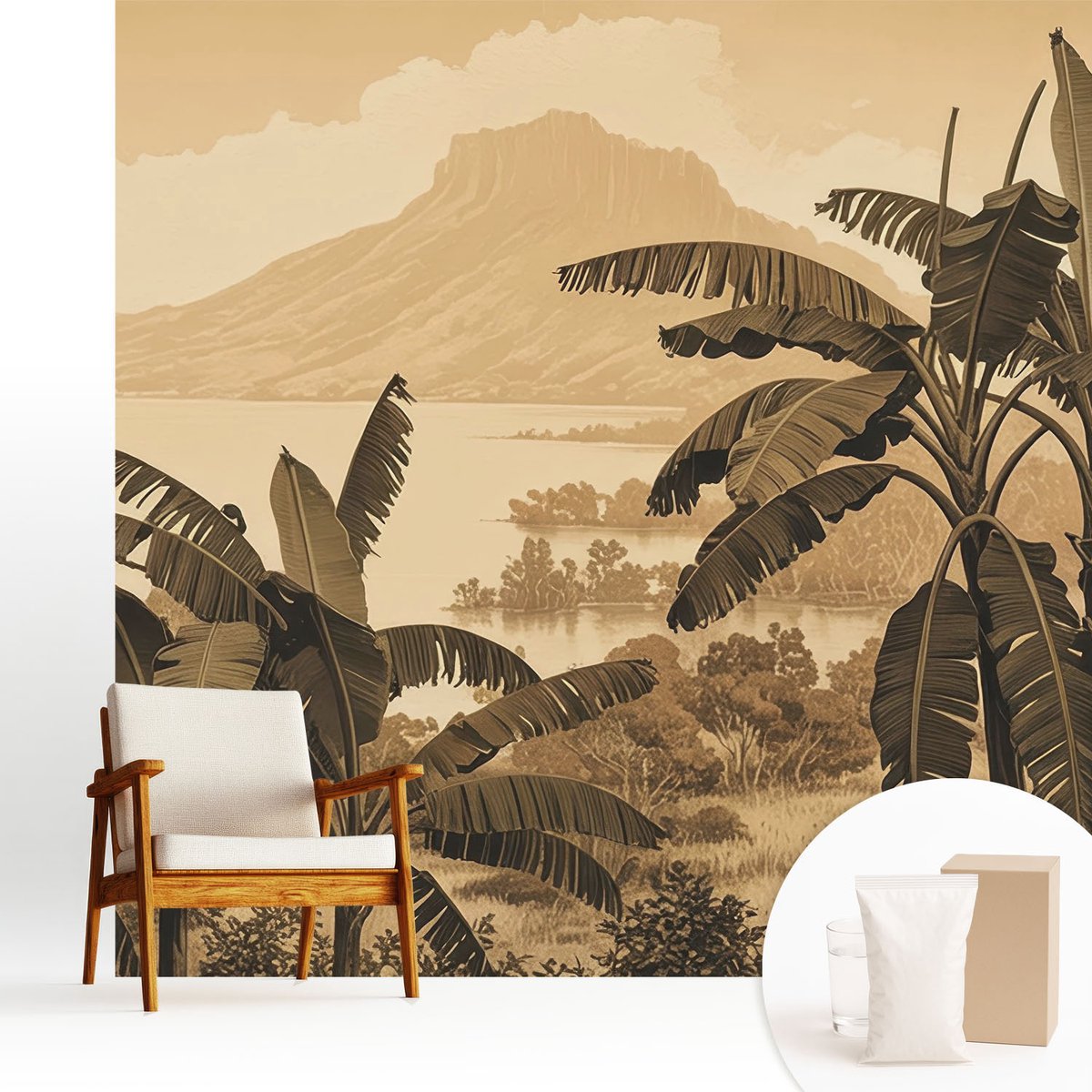 Wallfluent Fotobehang - Beige Vliesbehang - 250x250 cm - Tropisch Panorama Fotobehang Vlies - Hal behang Landschappen - Muurschildering - Woonkamer behang