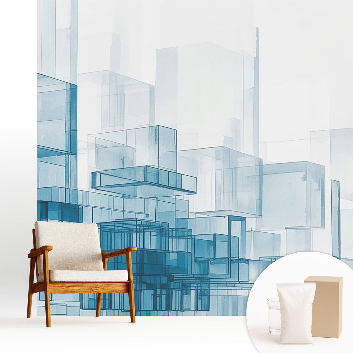 Wallfluent Fotobehang - Wit Vliesbehang - 250x250 cm - Transparante Kubussen Fotobehang Vlies - Hal behang Architectuur - Muurschildering - Hal behang