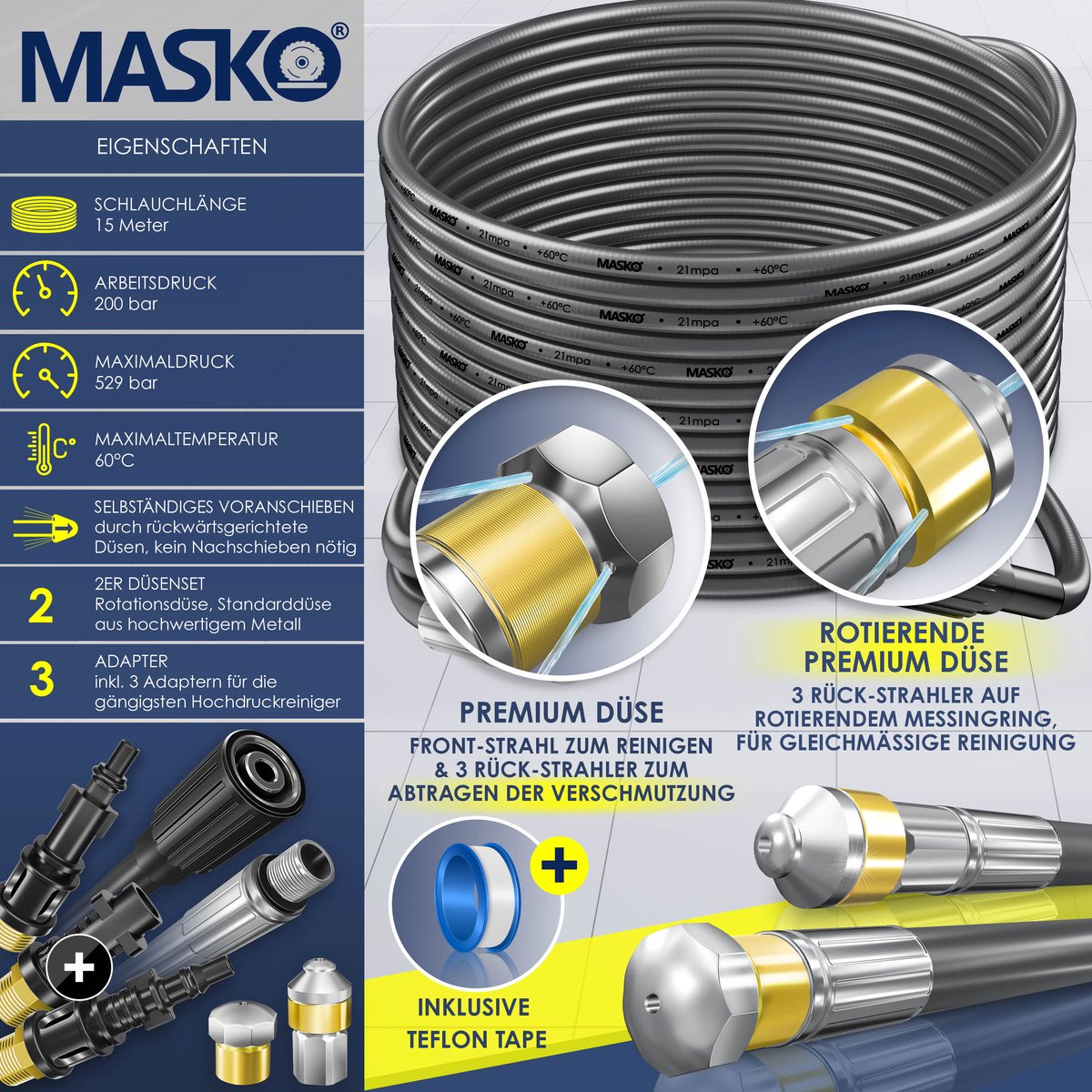 MASKO Rioolreinigingsslang 15 m 200 bar - Afvoerreiniger Set met 3 Adapters en 2 Sproeikoppen voor Kärcher K2-K7 en Lavor Hogedrukreiniger - Antraciet – foto 3