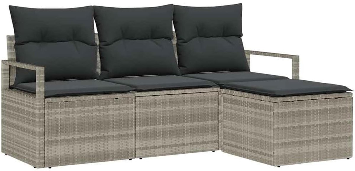 Tuinbank set 4-delig lichtgrijs polyrotan met middenblok, twee armbanken en voetenbank