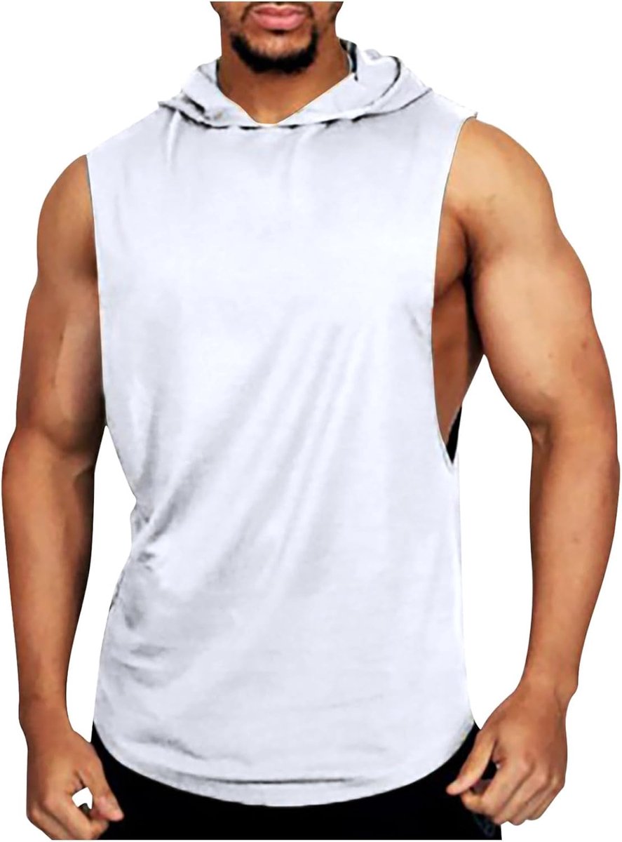 Hemdje voor heren, effen kleur, mouwloos vest met capuchon voor sport, fitness, ademend, casual, los en comfortabel