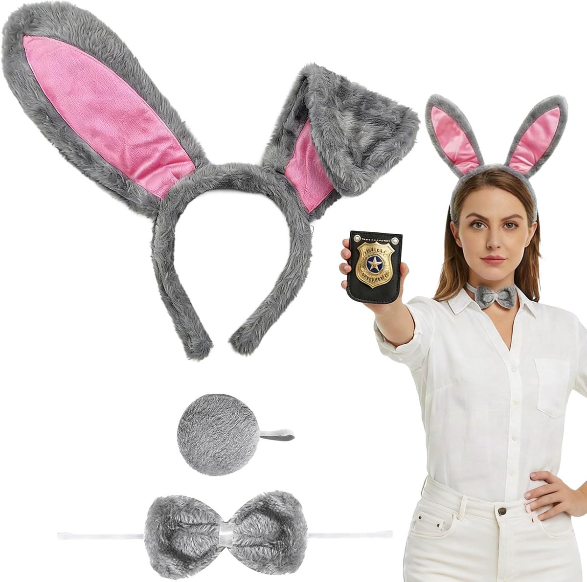 5-delige hazenaccessoireset, bestaande uit hoofdband, strik, staart, politiebord en handboeien voor Halloween. exatta Renard-kostuum, 3-delig