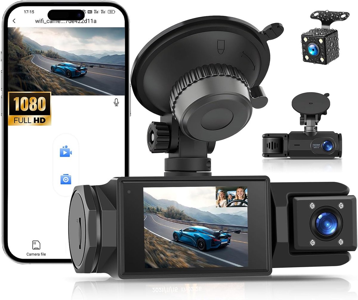 3-kanaals 1080P dashcam (voor, achter en interieur), auto-dashcam met app-bediening, IR-nachtzicht, parkeerhulp