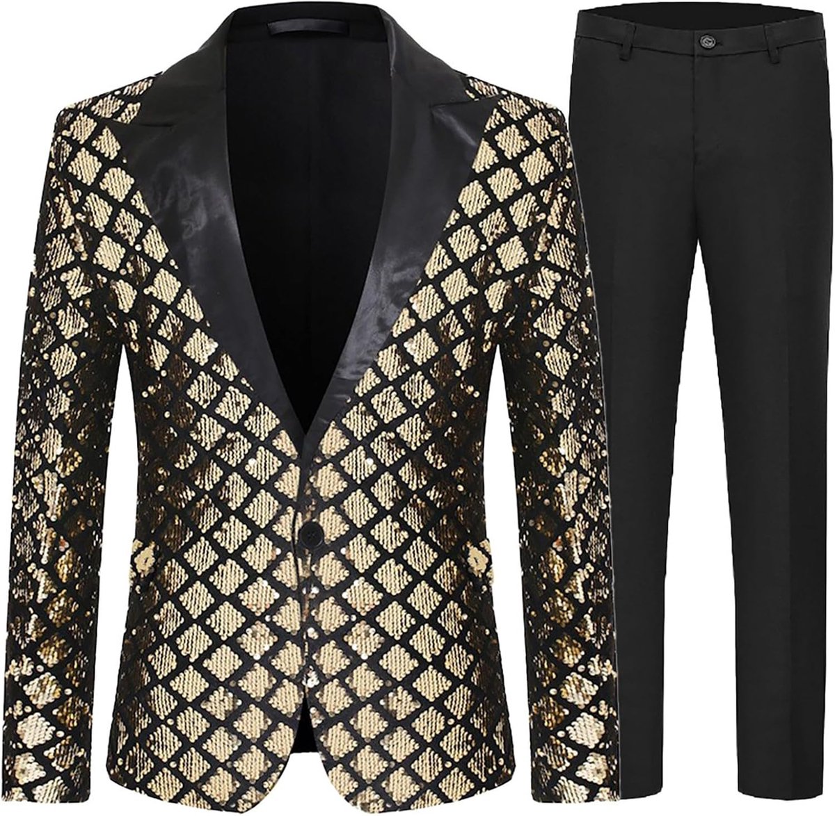 Jas en broek met pailletten voor heren, smoking, feest, dans, bruiloft, jas met één knoop