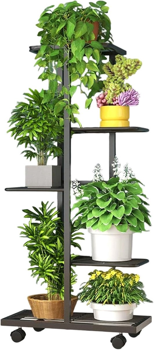 Plantenstandaard met 5 verdiepingen met wielen voor binnen, zwart