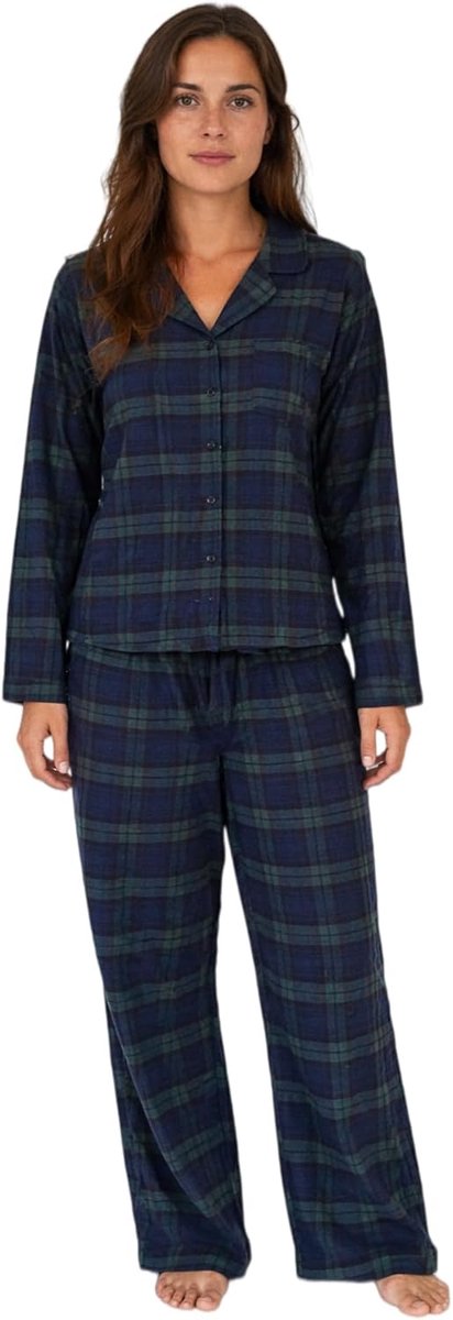 Flanellen Pyjamaset 100% Katoen, Geruit, Lang Shirt met Knopen & Broek met Zakken Winter Nachtkleding