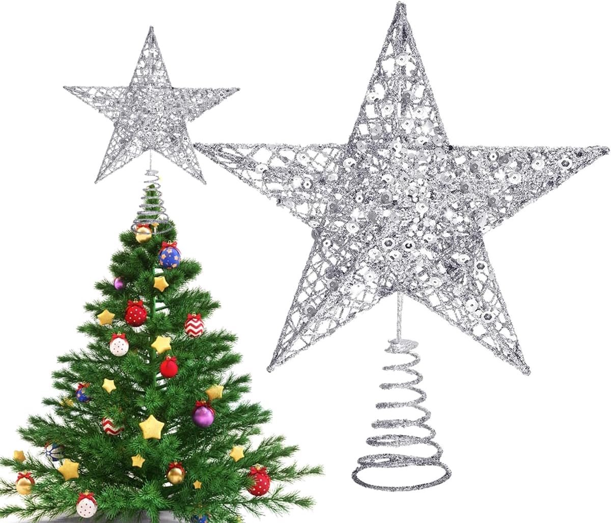 Metalen kerstboompiek met fonkelende glitterdetails, uitgehold, dennenboom, ster, kerstfeest, decoartion, 24 cm