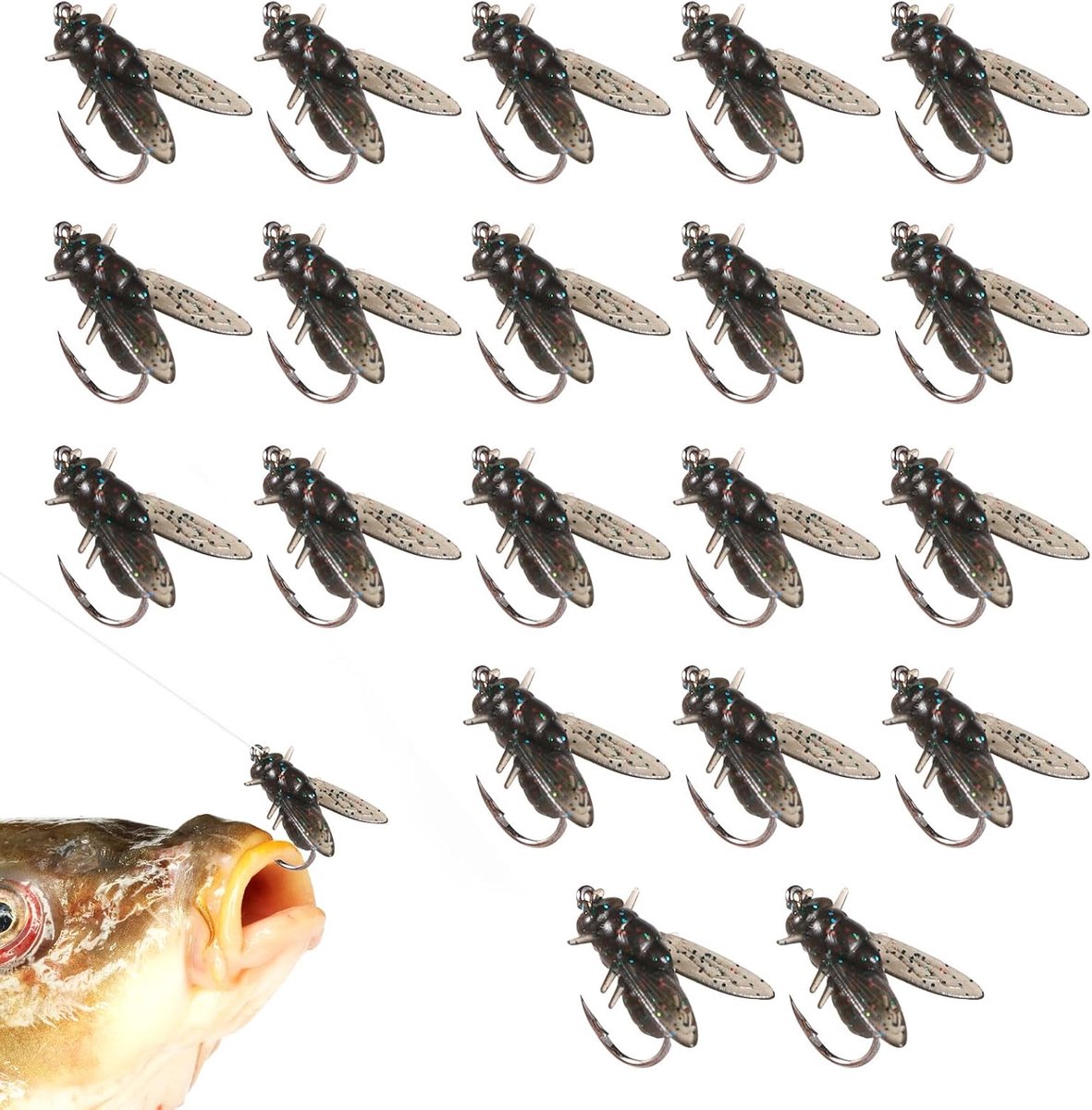 20 Stuks Vliegvisaas, Zwart Vliegvisaas met Haken Bionische Vliegvisaas Zacht Flexibel Kunstaas voor Basforel Snoek Zoutwater Zoetwatervissen-Liefhebbers
