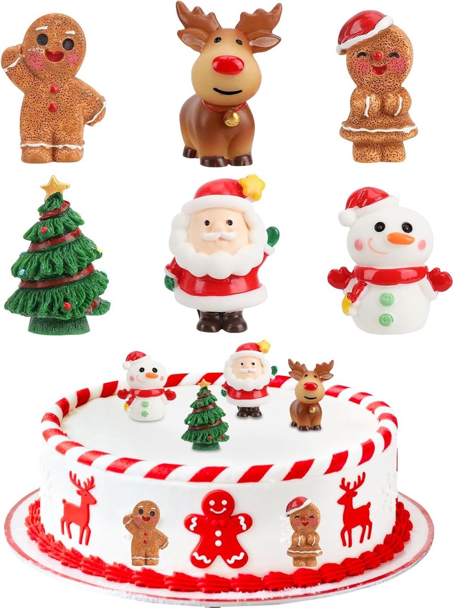 6 stuks kersttaartdecoratie, taartdecoratie, cupcake-toppers, muffindecoratie, kerstman, rendier, sneeuwpop, kerstboomdecoratieset, kerstdecoratie voor taarten en kerstboom