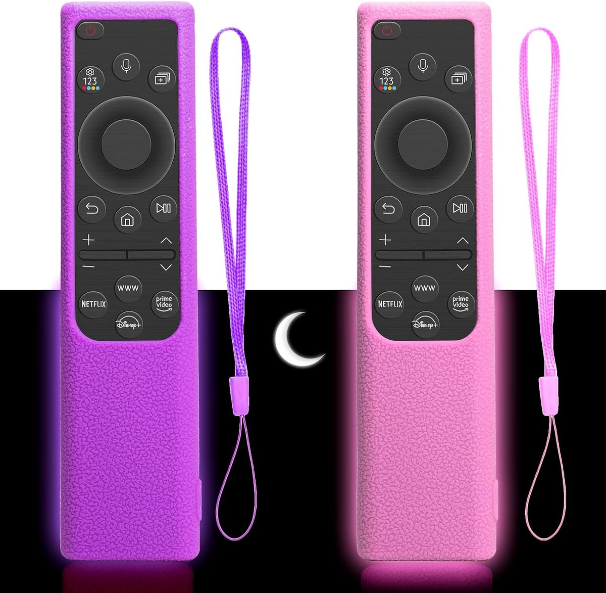 Set van 2 siliconen beschermhoezen voor Samsung afstandsbediening BN59-01357/BN59-01385/BN59-01388A/01388H/01388L/BN59-01393C, antislip, met nachtlichtfunctie, roze en paars