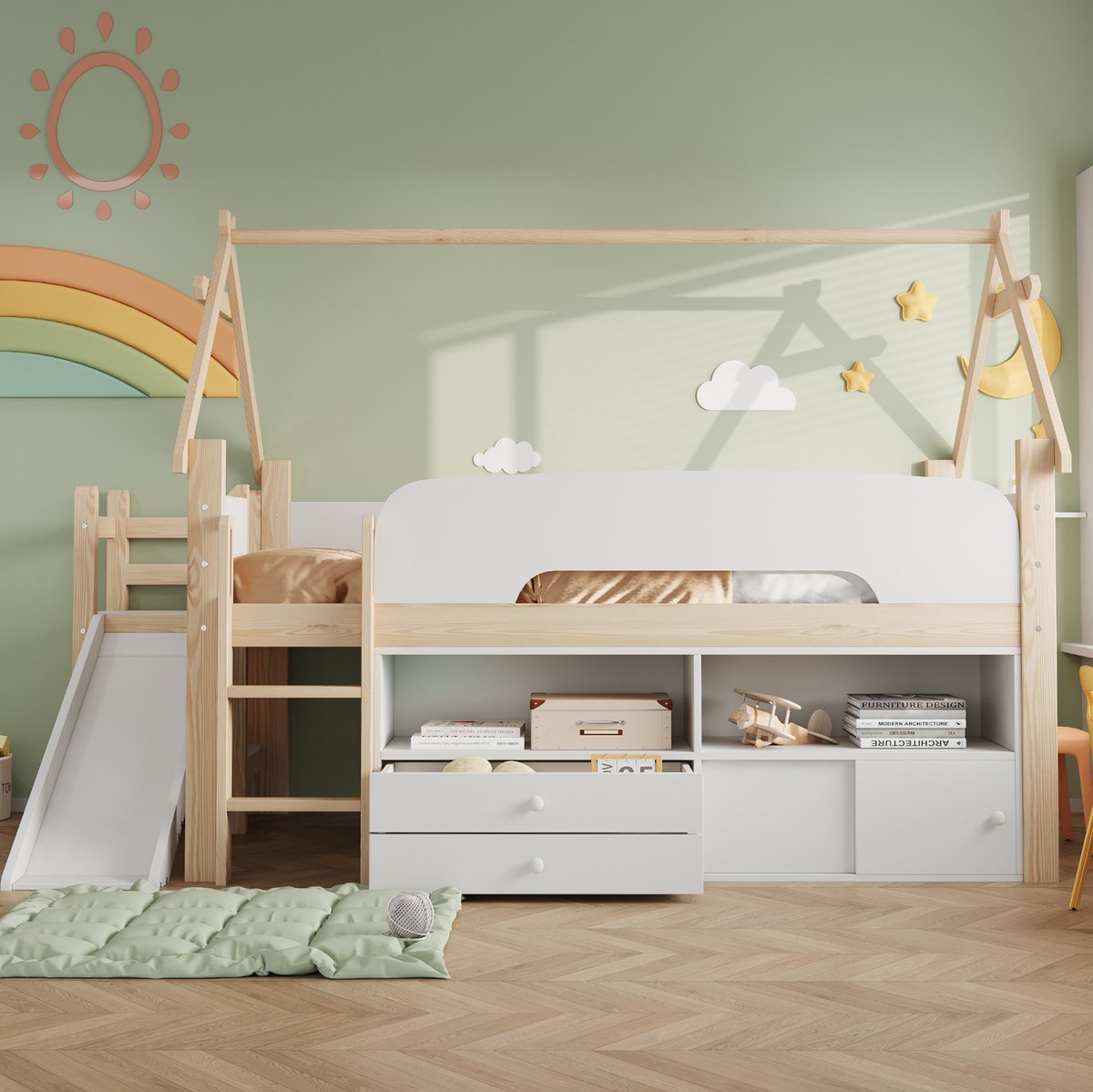 MODENUIT Kinderbed Hoogslaper – 90 x 200 cm Met Glijbaan – Hout En MDF – Naturel-Wit – Met Lades En Opbergruimte