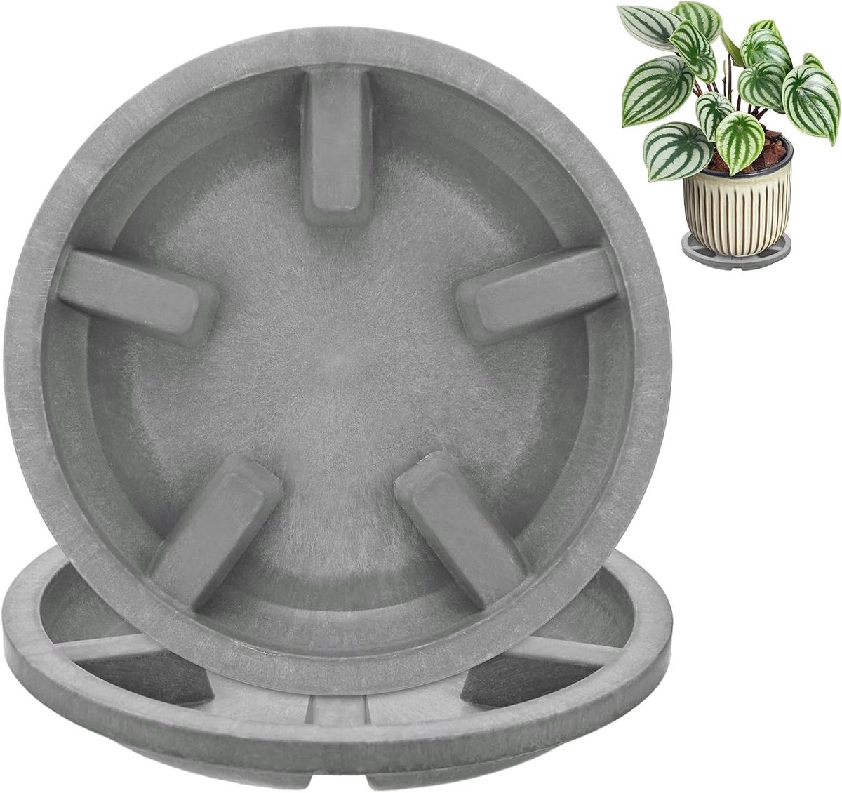 Schotels, 5 inch OD anti-rot wortel hars bloempot plantenschotels voor binnen/buiten, bloempot druppelbak [9,7 cm ID, grijs]