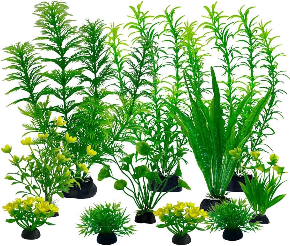 11 stuks kunstplanten voor aquarium, kunstplanten, aquaria, brug, decoratief ornament, landschap, voor aquariumdecoratie, 5-20 cm (groen, geel)