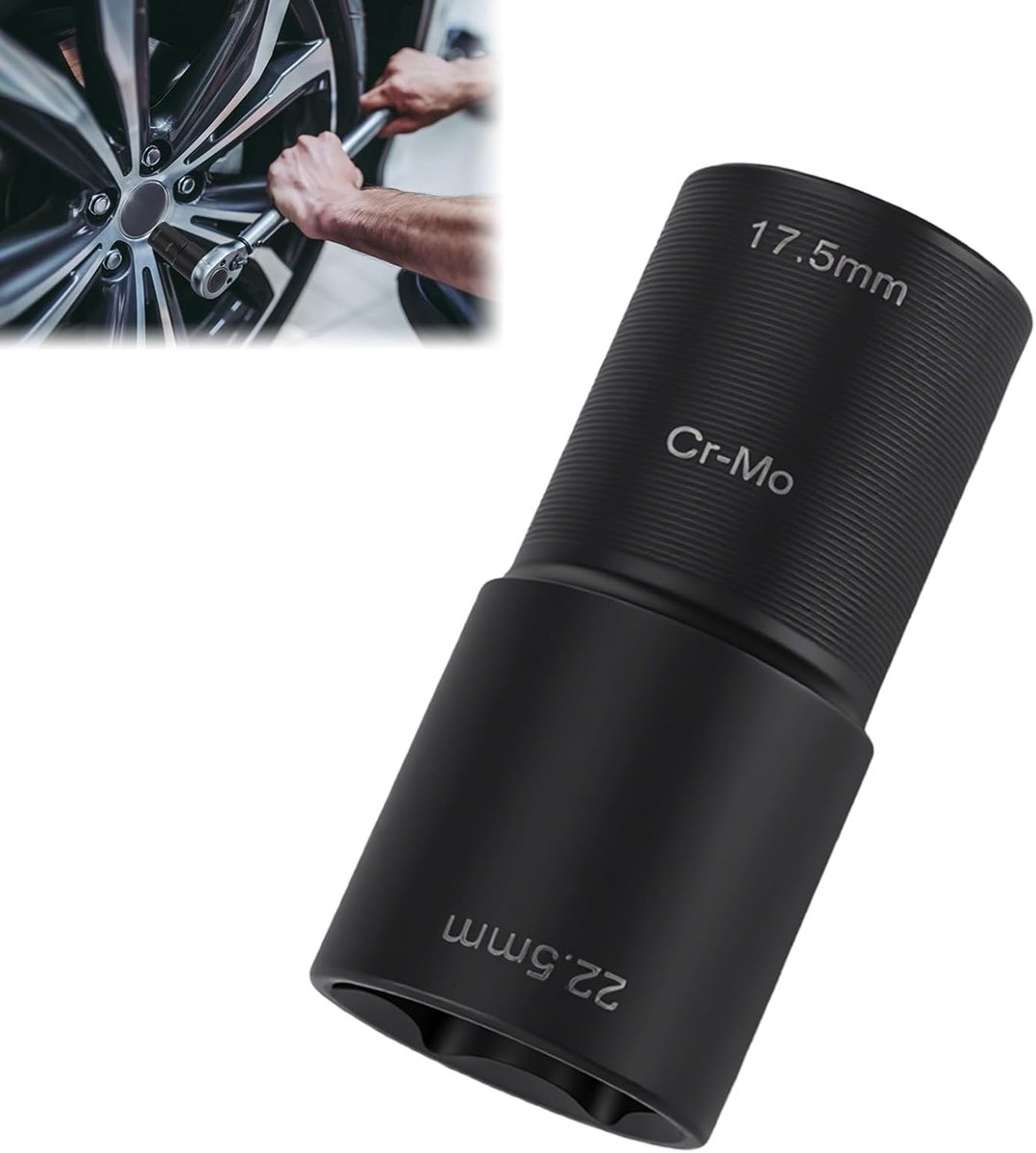 1/2-inch drive dubbele slagaansluiting, 17,5 mm en 22,5 mm wielmoer, 1/2" slagmoergereedschap, 6-punts, CR-MO wielmoersleutel, notencontactdozen compatibel met Ford/Land Rover (17,5 x 22,5)
