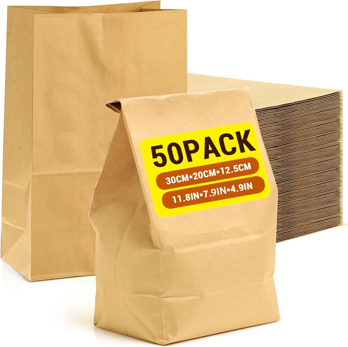 50 stuks papieren zakken, bruin, kraftpapieren zakken, 30 x 20 x 12,5 cm, cadeauzakjes, knutselen, kraftpapier, ontbijtzakken, cadeauzakjes, papier, voor doe-het-zelf, winkelen, bruiloften, feesten