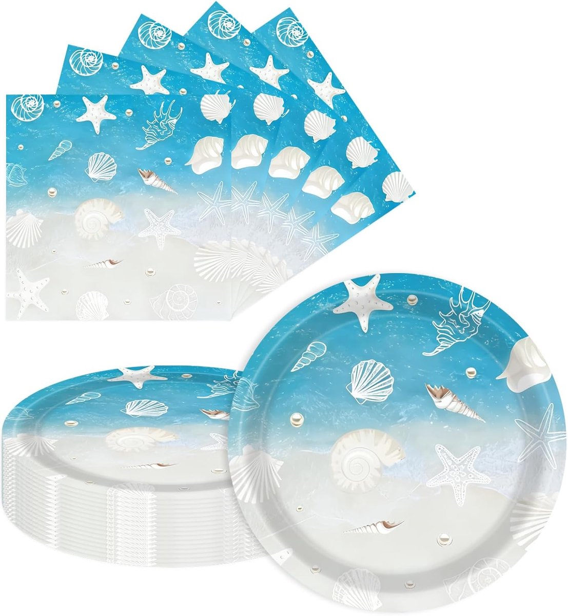 Strand zeeschelp papieren borden 17,8 cm 20 stuks + servetten 20 stuks set, wegwerpserviesset, tropisch schelppatroon, tafeldecoratie voor strandfeest, picknick, tuinfeest