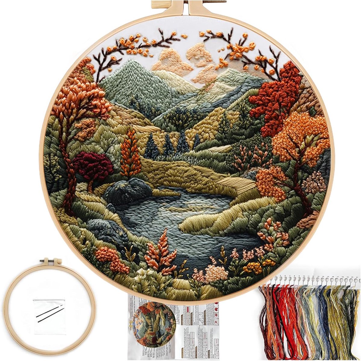 Stick-Set voor beginners, Boho natuurlandschap voorgetekend patroon-set voor volwassenen met borduurring, eenvoudige gekleurde draadnaaldwerk, 8 inch frame (Bloemen heuvel)