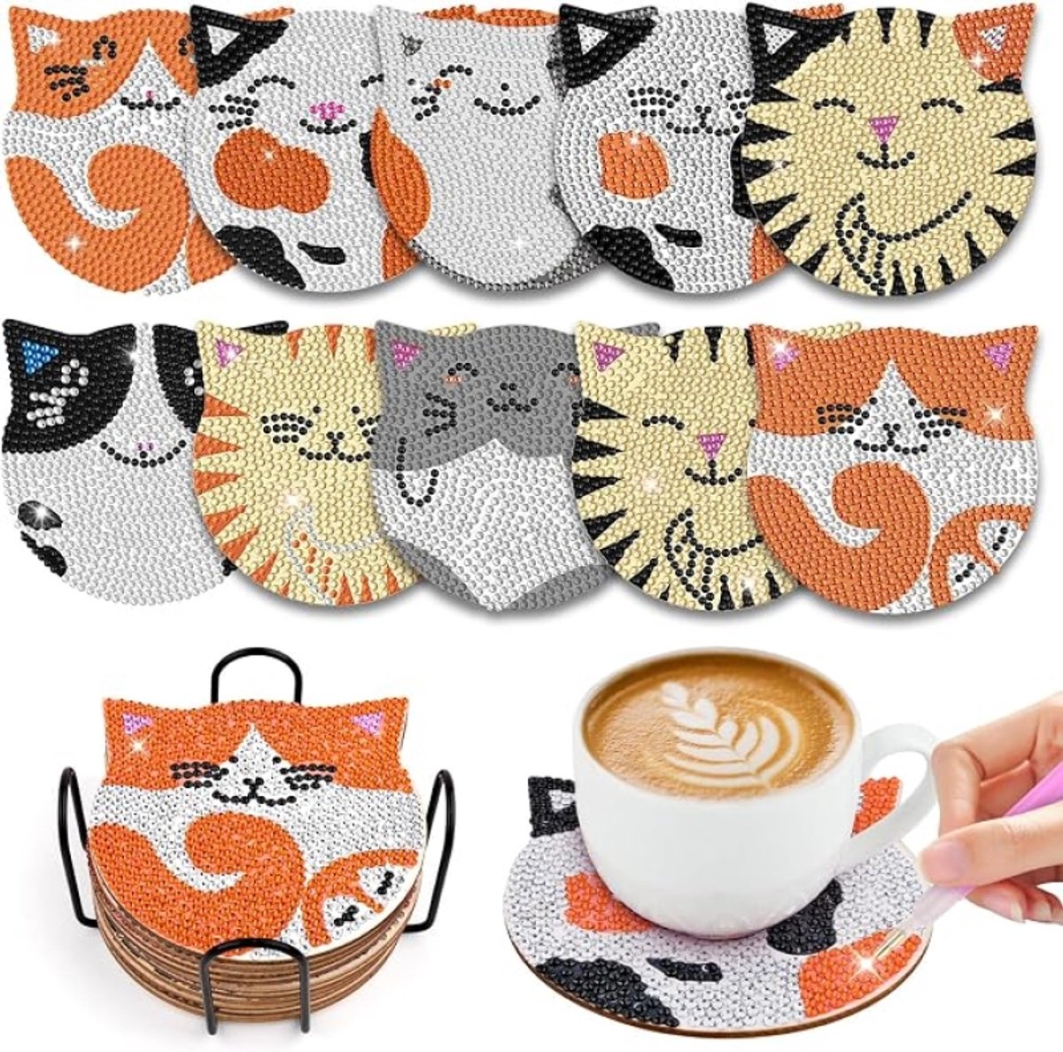 Diamantkunst Onderzetters Set van 10 met Houder - Kattenmotief - 5D Diamond Painting voor Volwassenen en Kinderen - Antislip