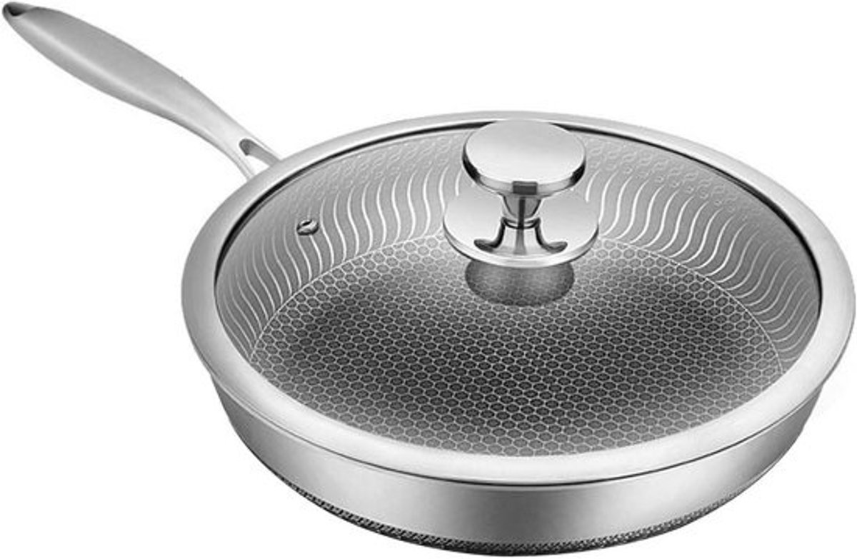 Roestvrijstalen koekenpan - Met deksel - Voor koken en bakken - Antiaanbakroosterontwerp - 32 cm - Zilver