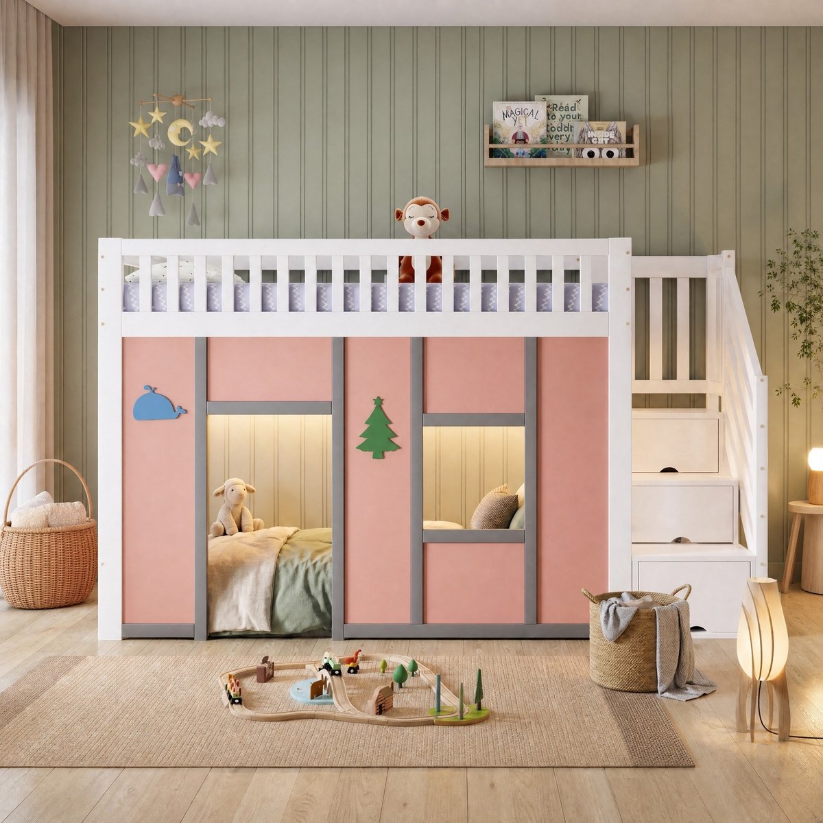 DESMIU Halfhoogslaper 90x200 cm – Kinderbed Met LEDverlichting – Opbergtrap, Speelruimte En Valbeveiliging – Hout En MDF – Zonder Matras – Wit En Roze