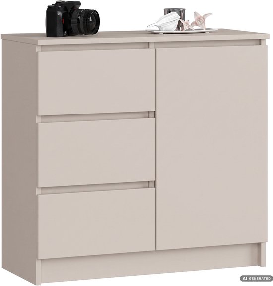 Licht beige dressoir met drie lades en een deur, met een camera en decoratie op het blad.