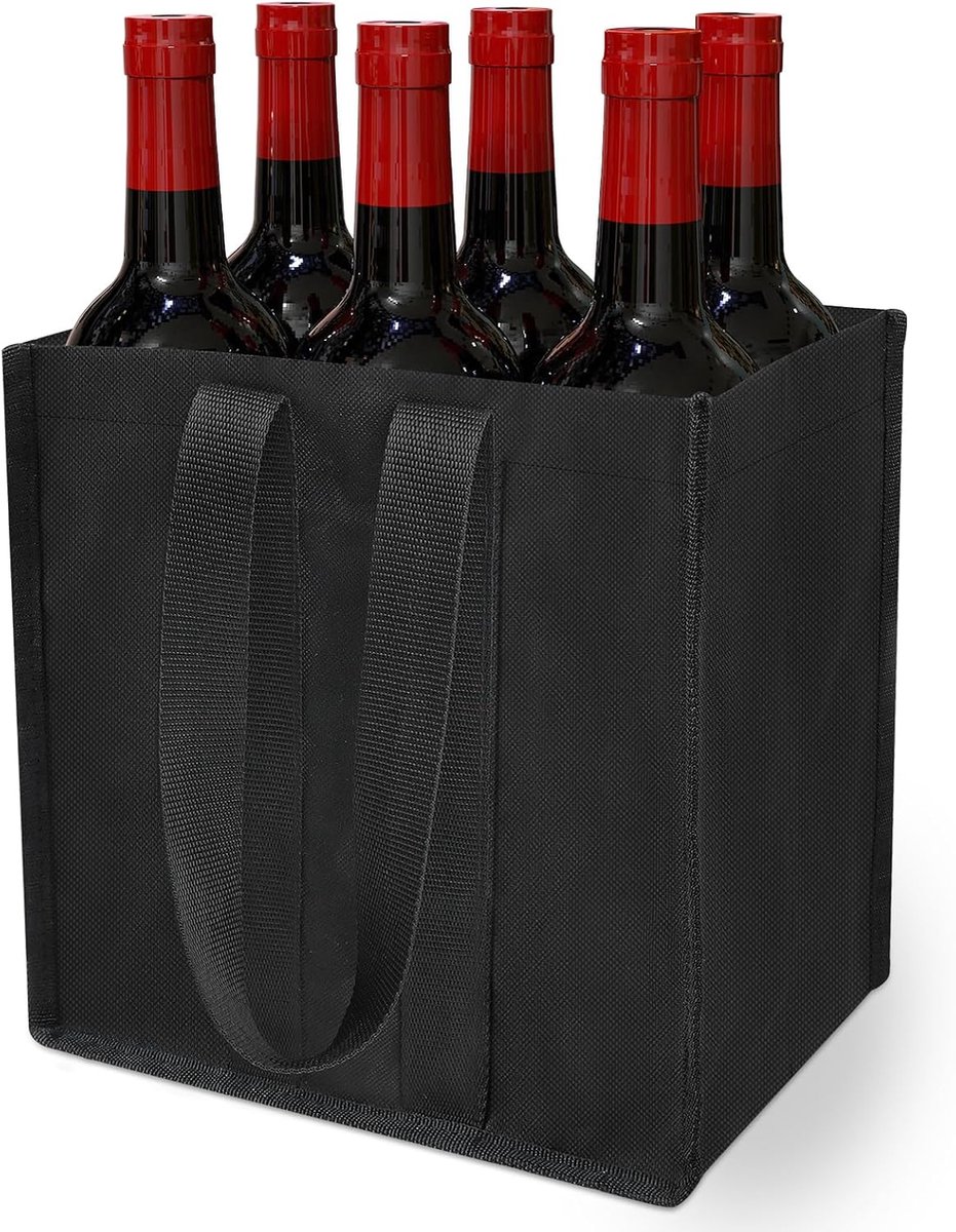 Flessentas voor 6 flessen, opvouwbare flessendrager met scheidingswanden, scheurvaste flessenmand voor bier, wijn, drank-boodschappentas en mannencadeau, zwart, 1 stuk