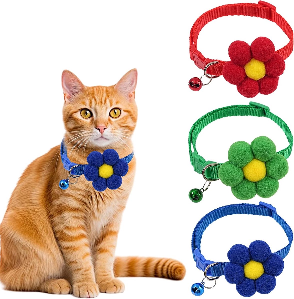3 stuks kattenhalsband bloemen, schattige kattenhalsband met belletjes, verstelbare kattenhalsbanden 19-32 cm, kattenhalsbanden voor kleine, middelgrote en grote honden en katten