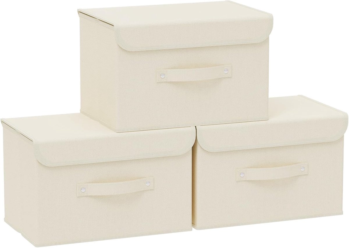 Kubusorganisatoren met klapdop en handgrepen, stoffen opbergbakken voor het organiseren van huis, kantoor en kast, beige, set van 3, 38x25x25 cm