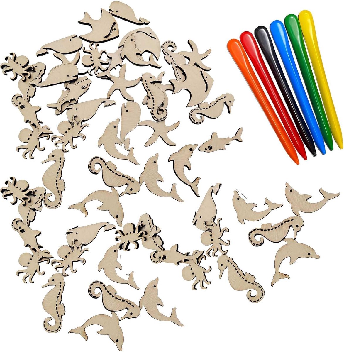 Knutselset zeedieren – 100 stuks houten schijven met 6 kleuren krijtjes – DIY knutselmateriaal voor kinderen – 2,5 cm – zeethema decoratie voor feest, school en huis