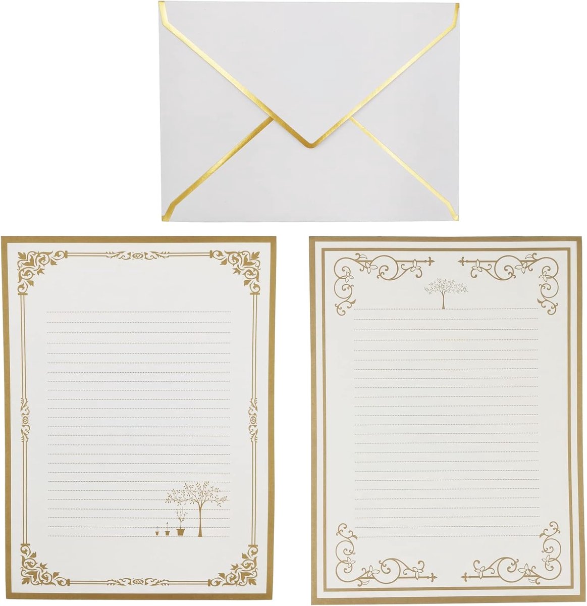 30 Stuks Enveloppen met Gouden Rand,V-flap Zelfsluitende Enveloppen en 32 Stuks Schrijfpapier voor Uitnodigingen, Wenskaarten, Ansichtkaarten, Feest(Wit)