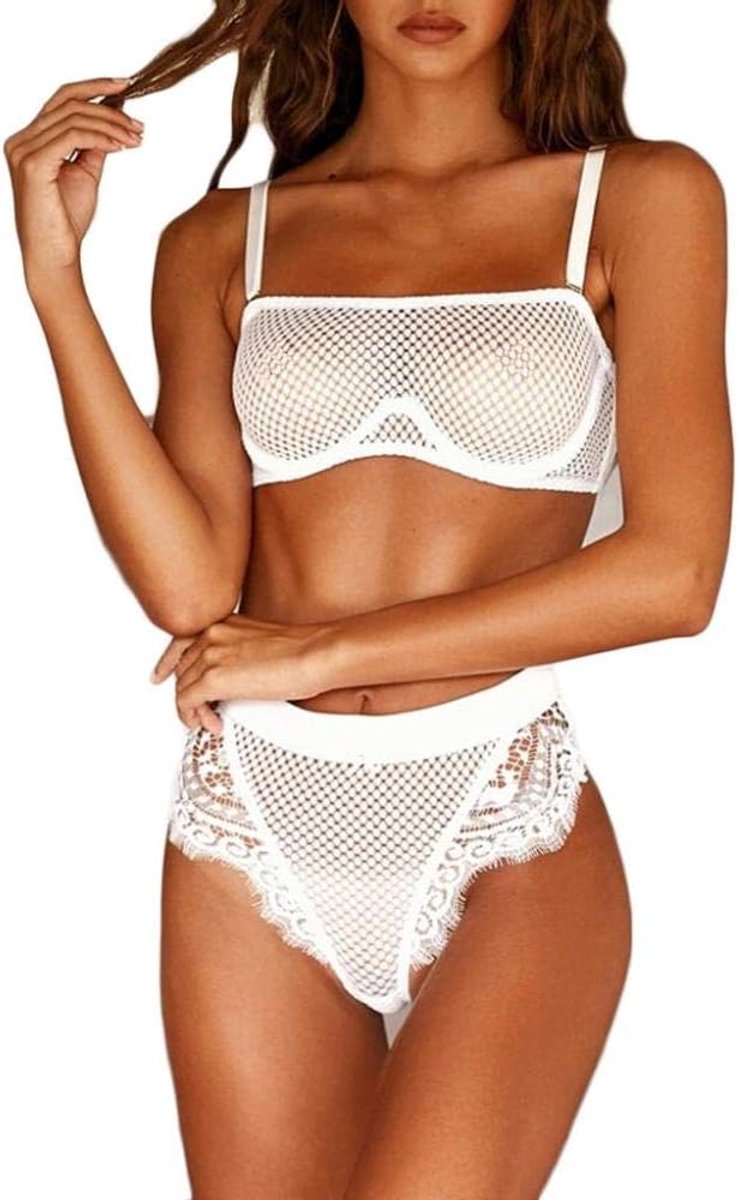 Dameskleding Vrouwen Sexy Lingerie Hol Beha Slips Nachtkleding Erotisch Ondergoed Kostuum-White_M