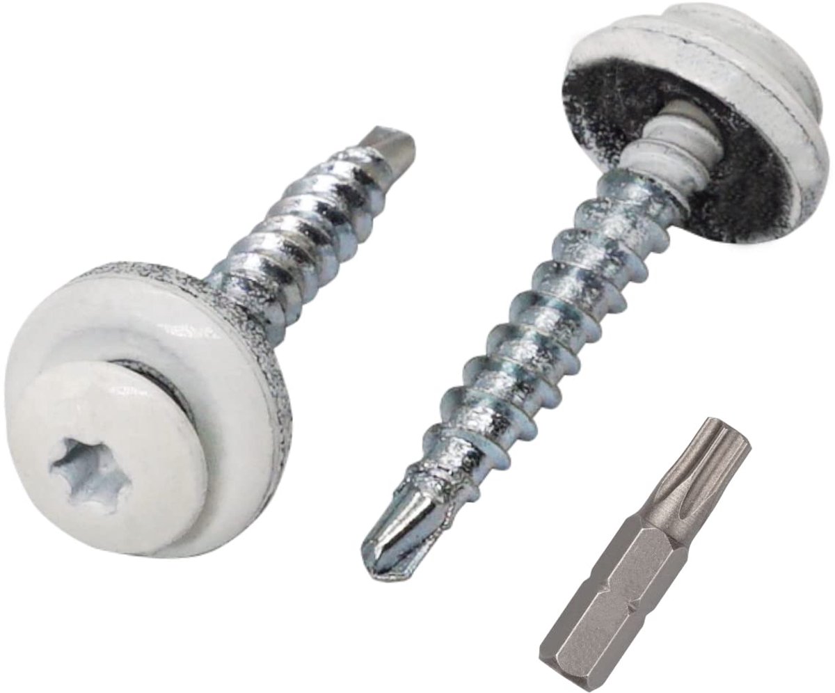 (Pack van 30 stuks) Metalen dakbedekking Torx-schroeven, 4,8 x 35 mm geschilderde zelfborende schroeven met EPDM-ringen, plaatschroef (30, puur wit RAL 9010)