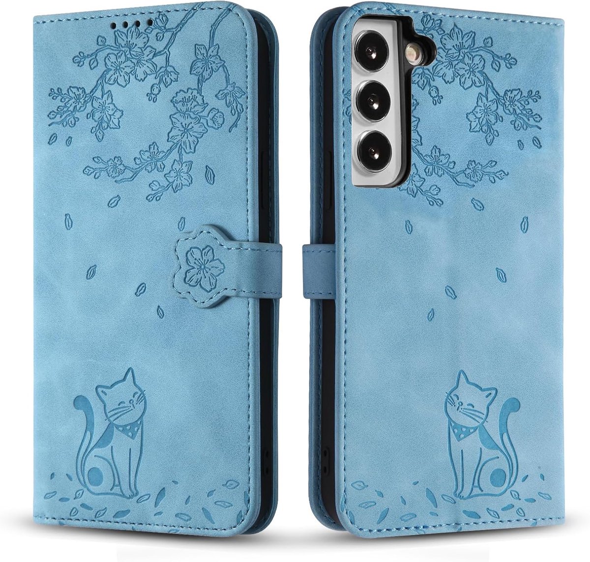 Telefoonhoesje voor Samsung Galaxy S22, premium PU-leren hoes met magnetische sluiting en standaard, beschermhoes voor Galaxy S22, blauw, kat