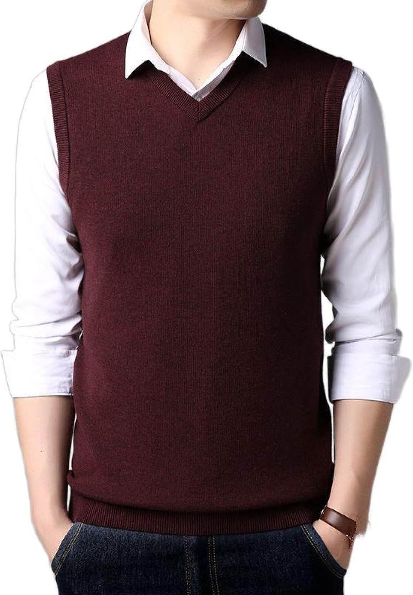 Heren Kasjmier Vest, Klassiek Effen Kleur Mouwloos Trui Vest Pullover Vest Casual All-Match Gebreid Vest, Klassiek Zakelijk Heren Breiwerk Vest Trui Tanktops,Rood,S
