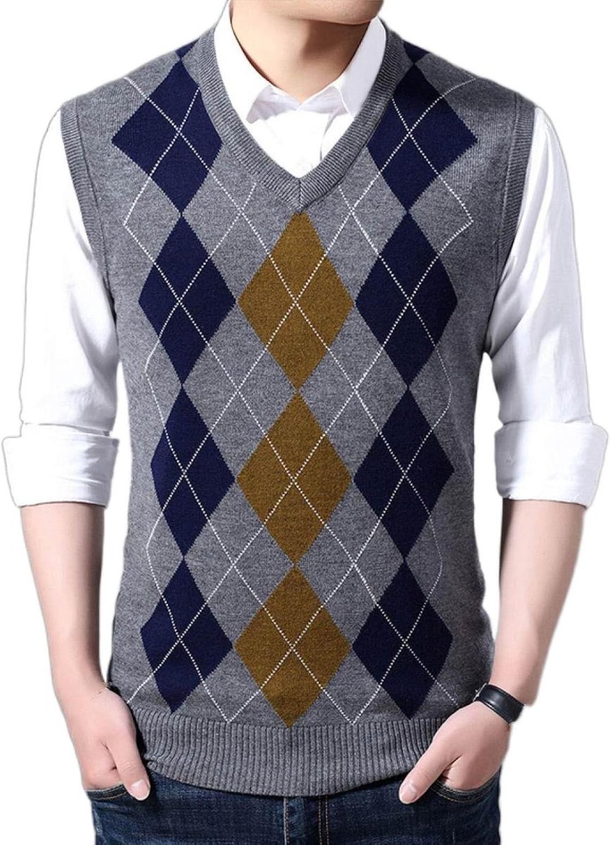 Argyle V-Hals Mouwloze Trui Trui, Herfst En Winter Heren Gebreid Trui Vest, Middelbare Leeftijd Kleur Bijpassende Verdikte Casual Heren Gebreide Trui Tanktops, Medium Grijs, S