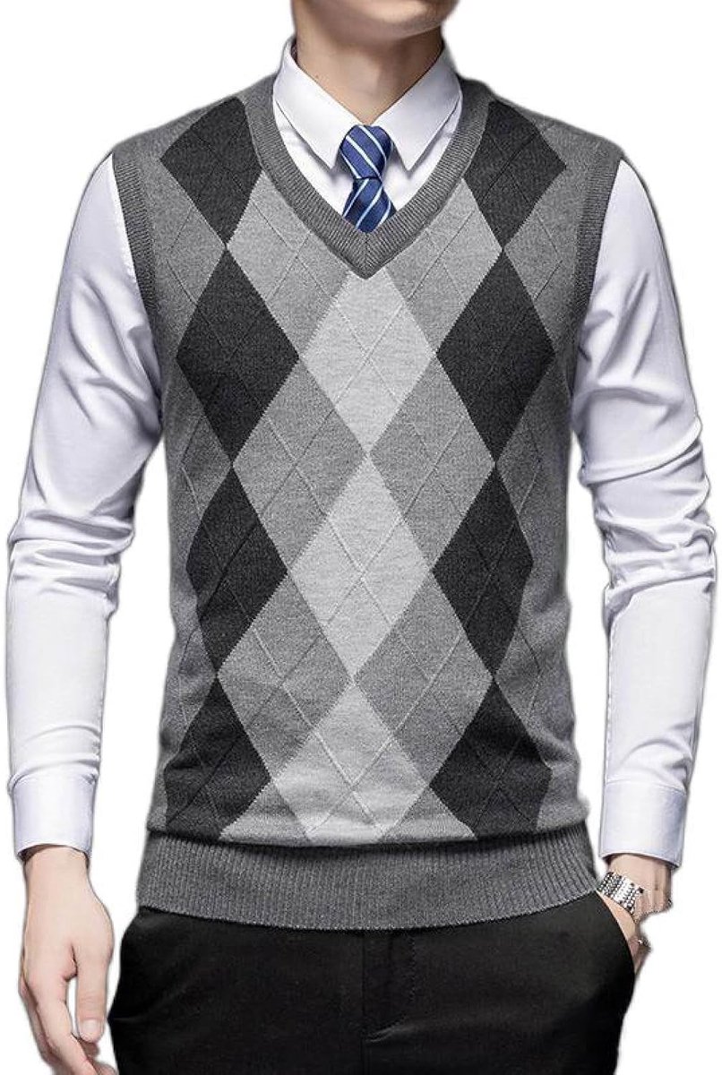 Argyle V-Hals Mouwloze Trui Trui, Herfst En Winter Heren Gebreid Trui Vest, Middelbare Leeftijd Kleur Bijpassende Verdikte Casual Heren Gebreide Trui Tanktops, Medium Grijs, S