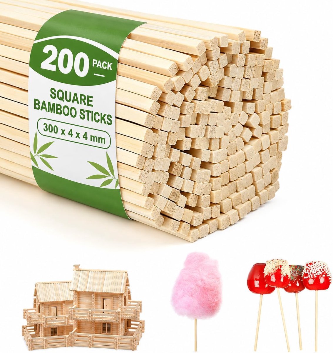 200 stuks suikerspinstaafjes 30 cm x 4 mm Suikerspinstaafjes Vierkante bamboestaafjes Houten staafjes Vierkante houten staafjes om te knutselen voor DIY-knutselwerkjes Houtbewerking